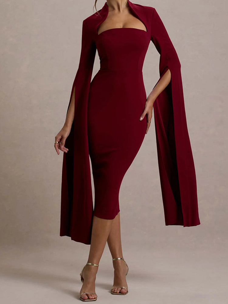 Long Sleeve Split Flutter Midi Dress