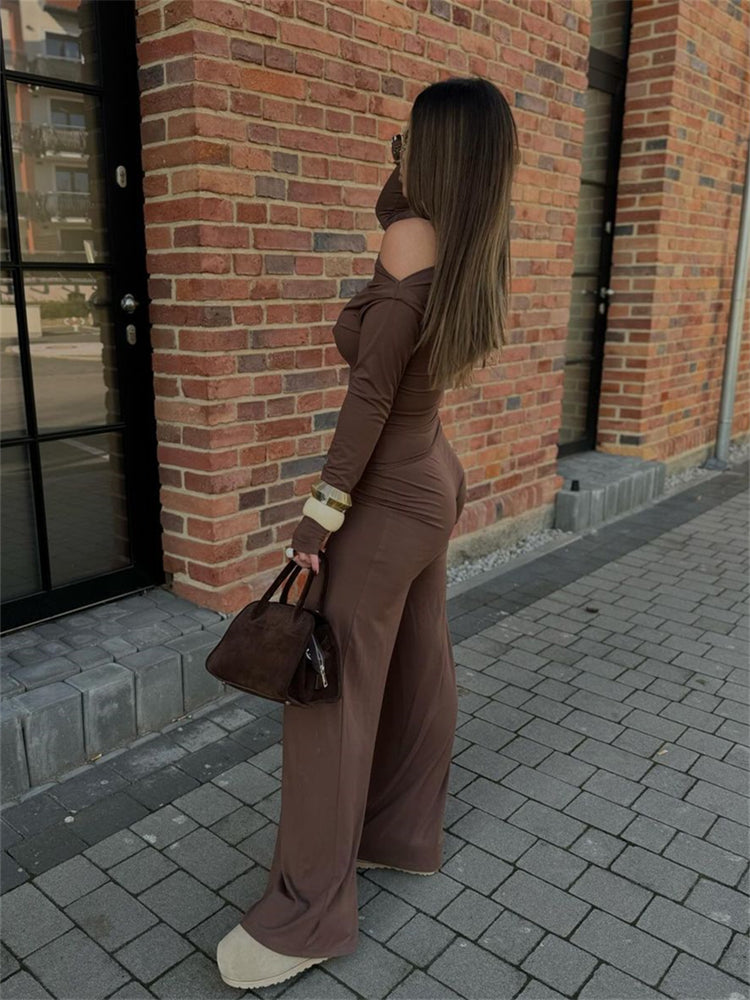 One Shoulder Top Flared Pants Set