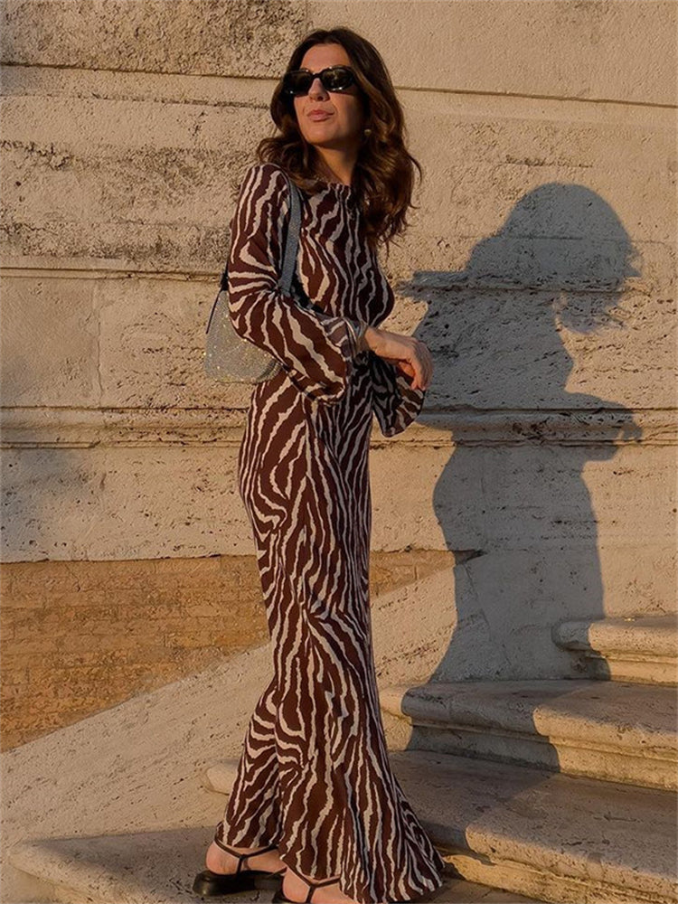 Printed Sheer Crew Neck Maxi Dress