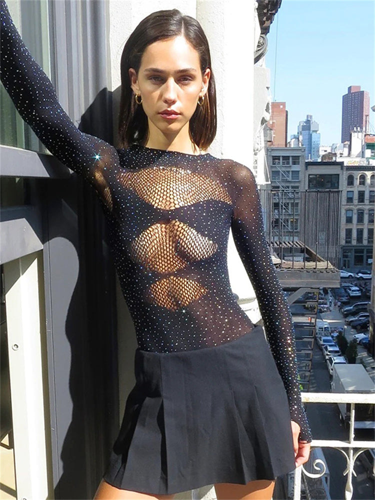 Knit Sheer Cutout Hot Diamond Bodysuit