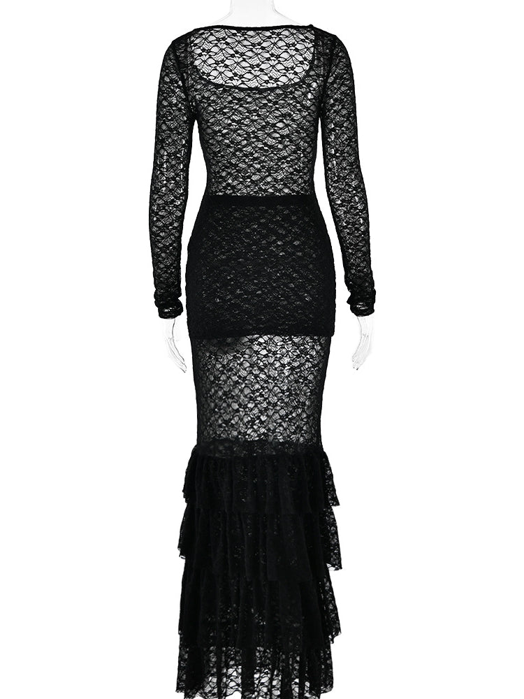 See-Through Lace Maxi Skirt Two-Piece Set