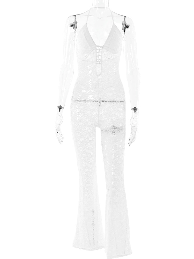 Lace Sheer One-Piece Flared Pants Jumpsuit