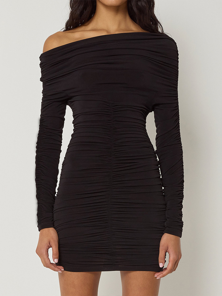 Oblique Long Sleeve Pleated Mini Dress