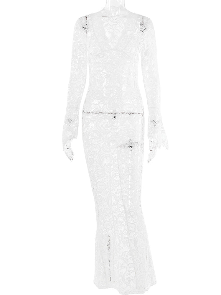 Deep V-Neck Sheer Lace Maxi Dress