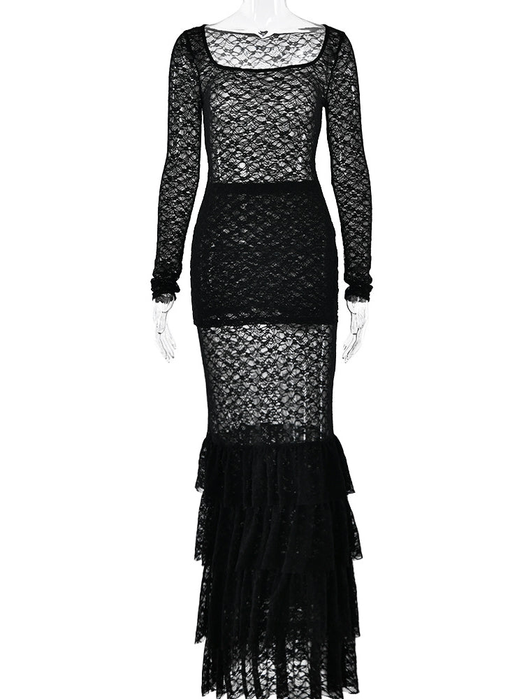 See-Through Lace Maxi Skirt Two-Piece Set