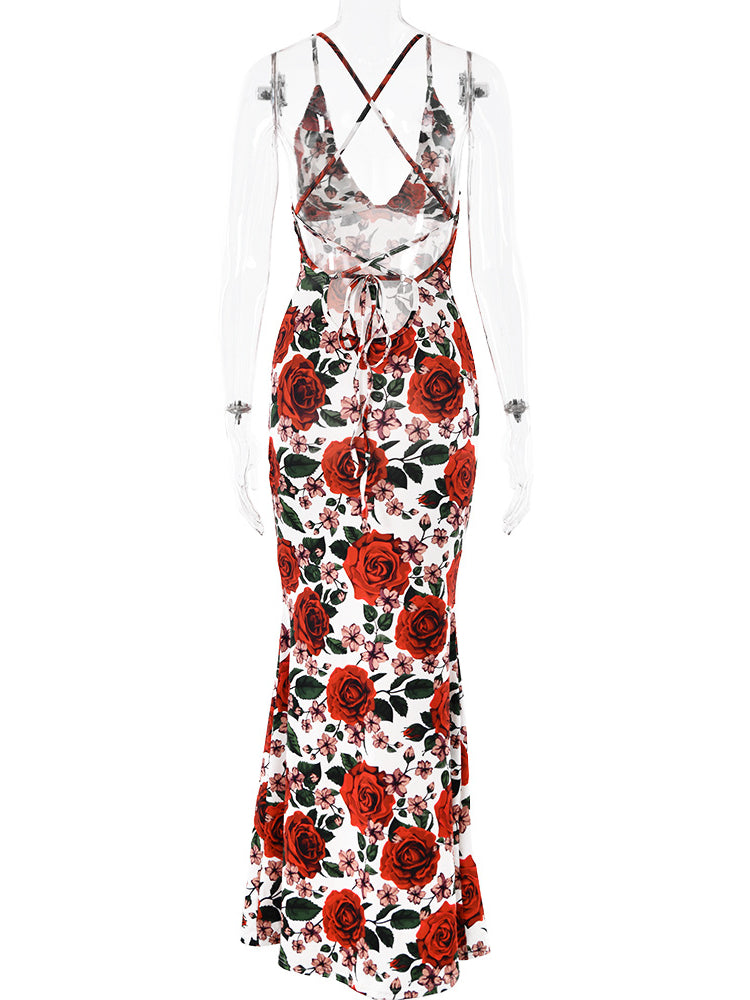 Deep V-Neck Floral Print Maxi Dress