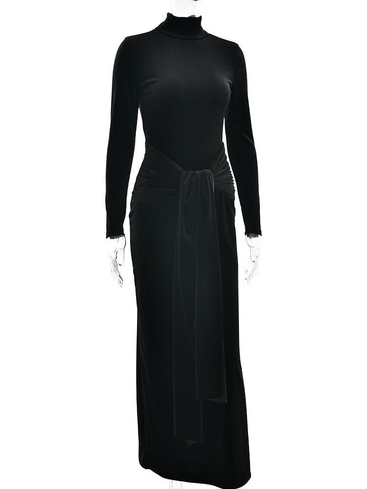 Turtleneck Velvet Lace Up Maxi Dress