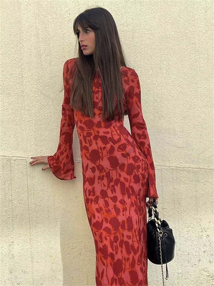 Printed Sheer Crew Neck Maxi Dress