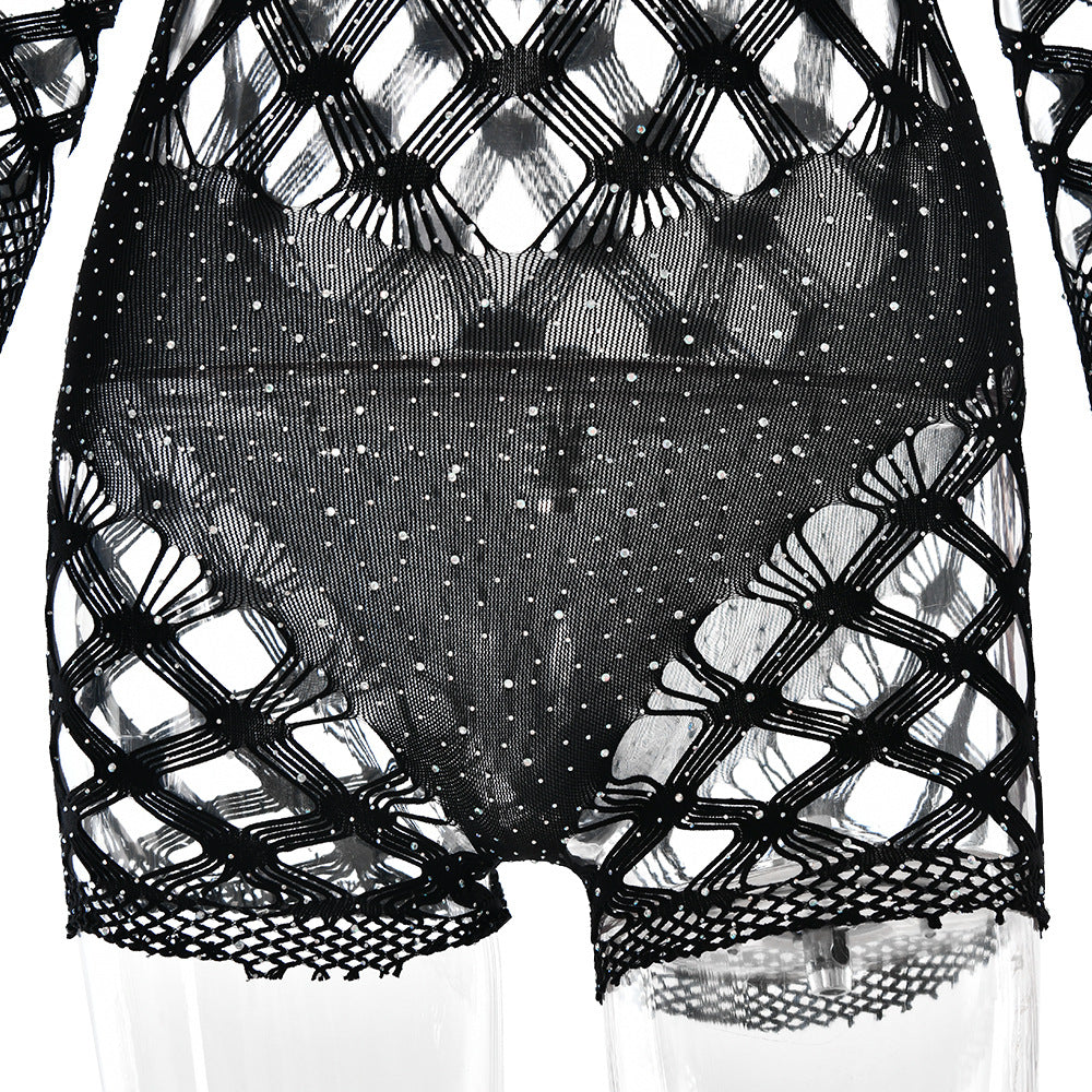 See-through Rhinestone Cut-Out Playsuit