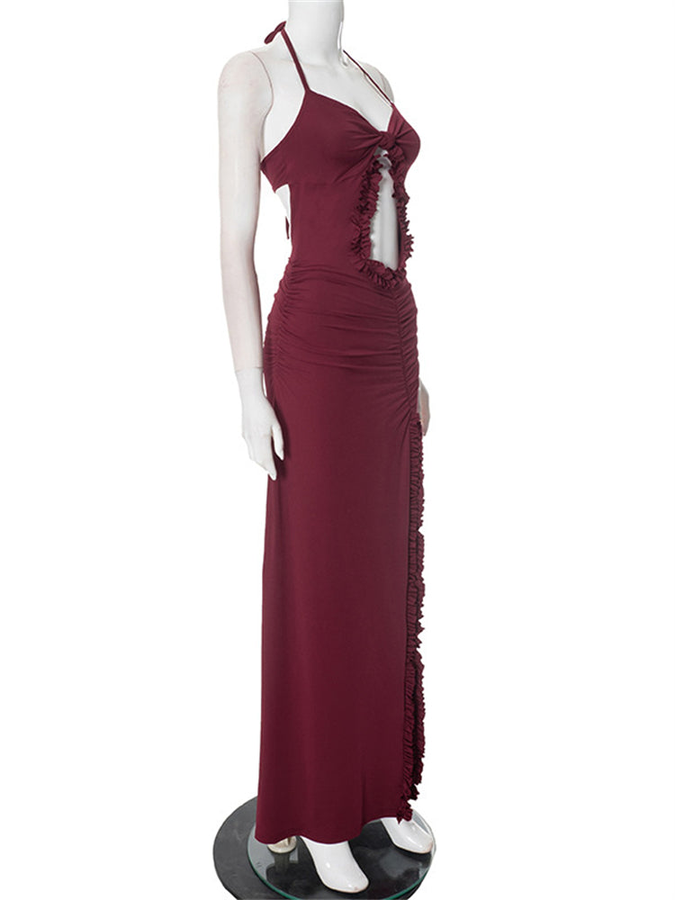 Ruffled Edge Twist Knot Cut-out Slip Maxi Dress