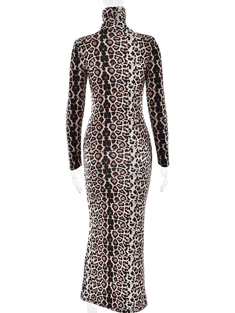 Turtleneck Leopard Print Maxi Dress