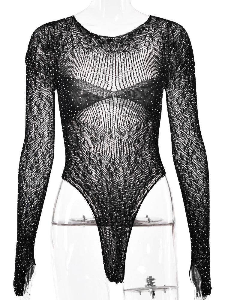 Knit Sheer Hollow Rhinestone Bodysuit