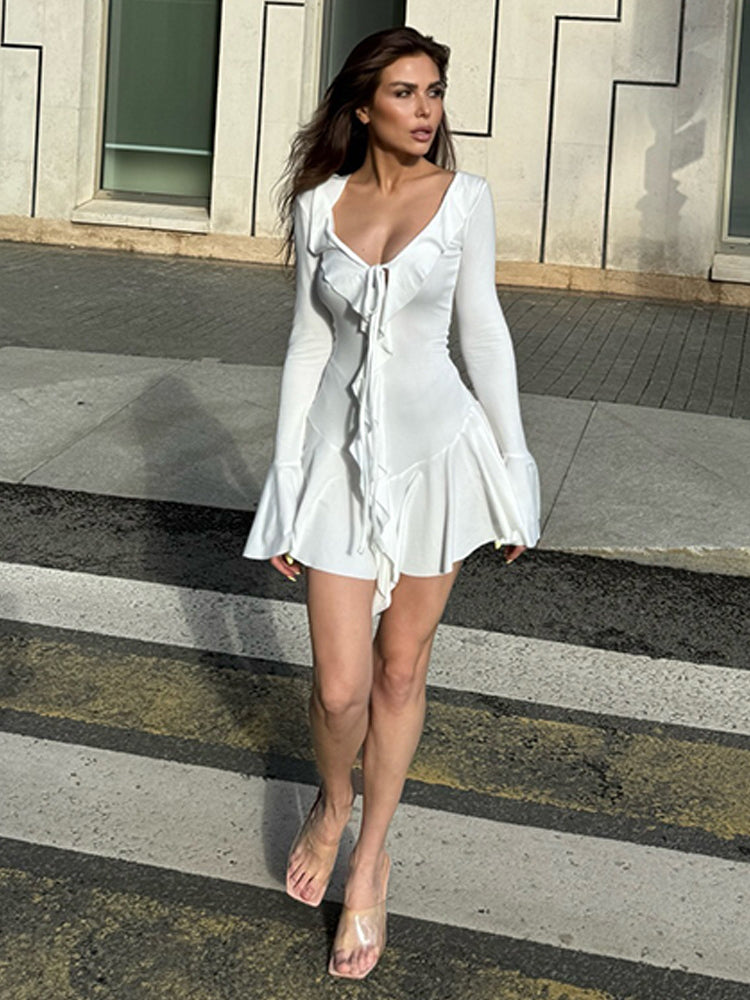 Deep V-Neck Lacing Ruffles Mini Dress