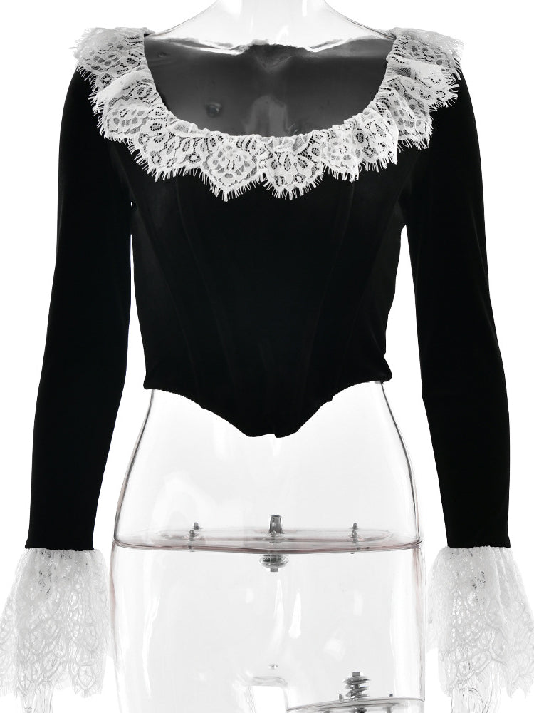 Spliced Lace Velvet Herringbone Top