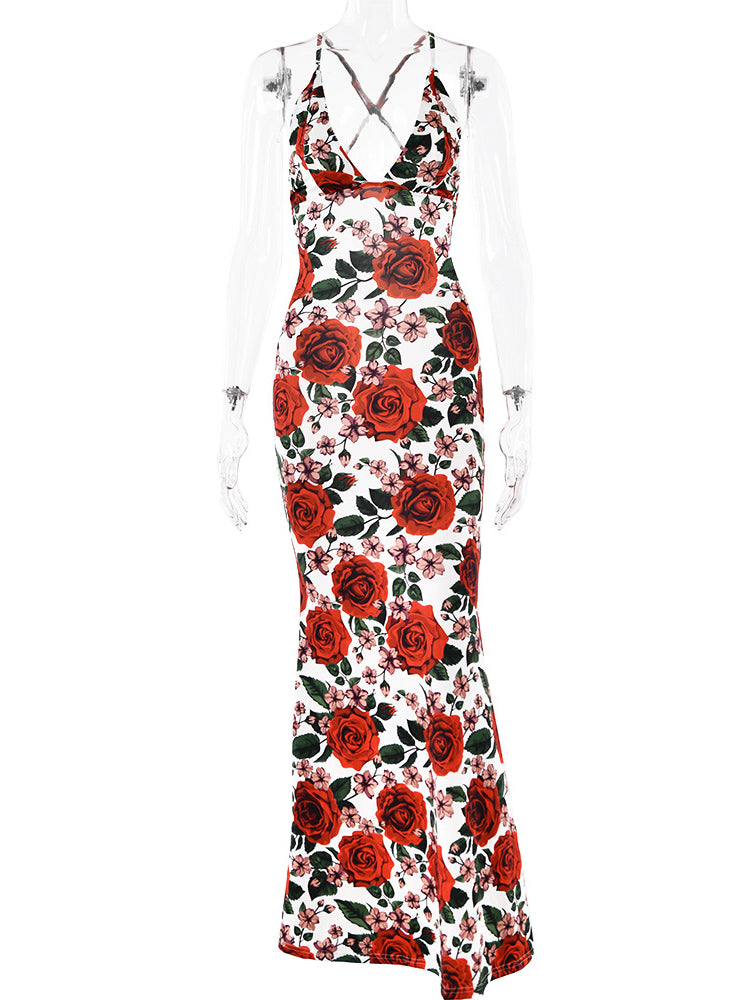 Deep V-Neck Floral Print Maxi Dress