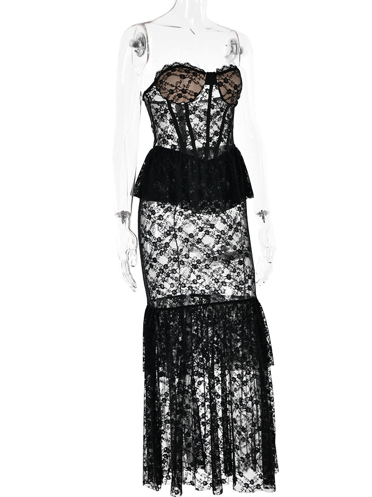 Lace Sheer Sheath Fishtail Maxi Dress