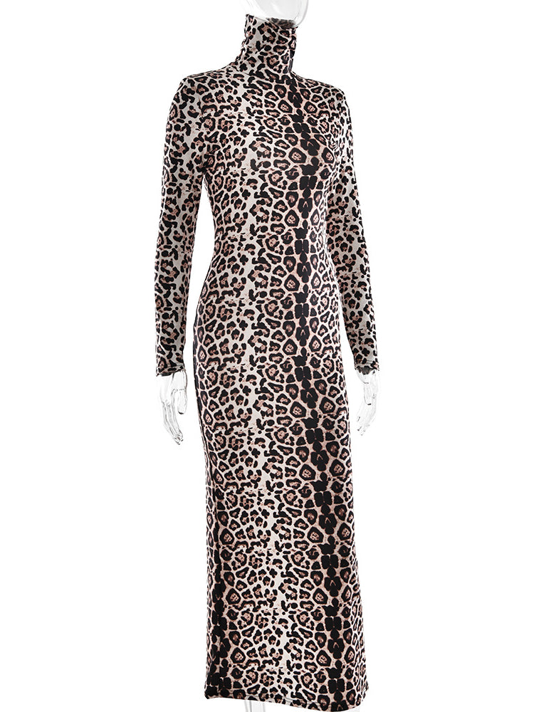 Turtleneck Leopard Print Maxi Dress