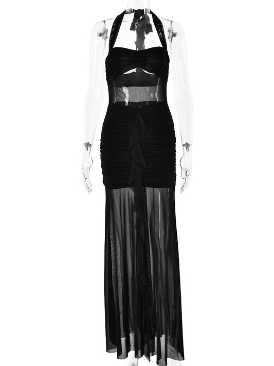 Halter Shrink Pleated Maxi Dress