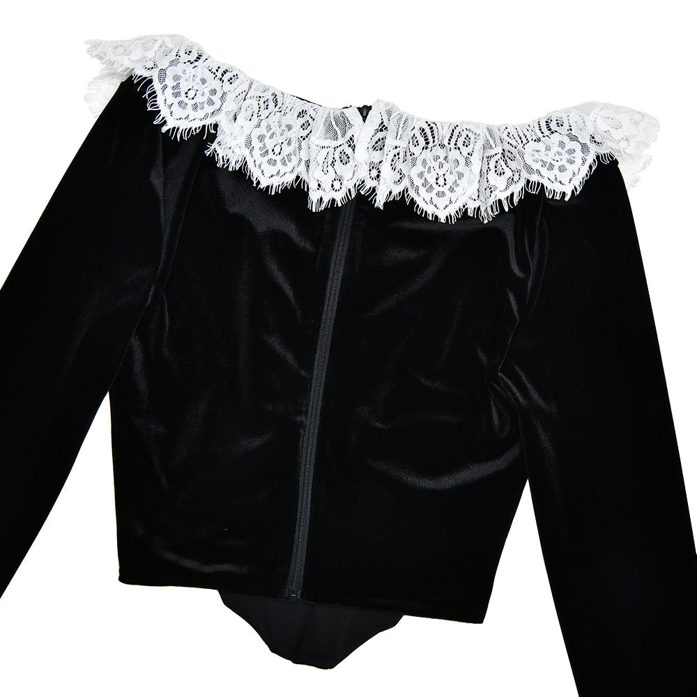 Spliced Lace Velvet Herringbone Top