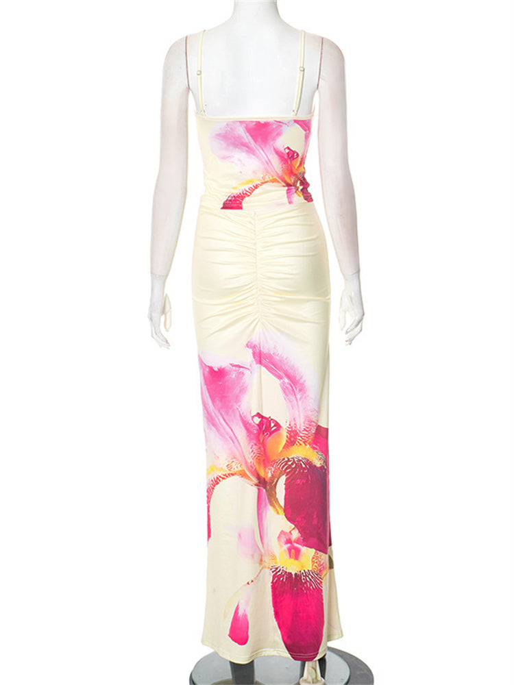 Floral Print Crop Tank Top Maxi Skirt Set