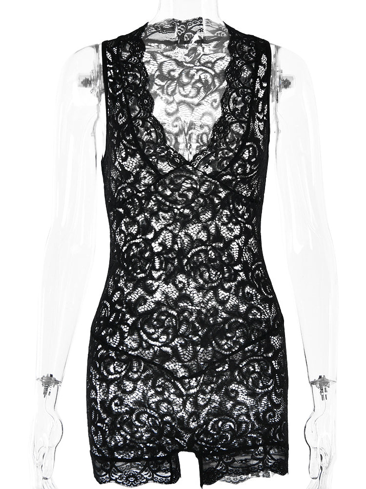 Lace See-Through V-Neck Playsuit