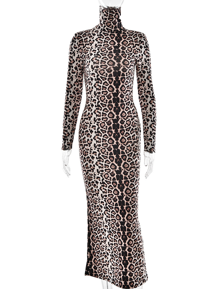 Turtleneck Leopard Print Maxi Dress