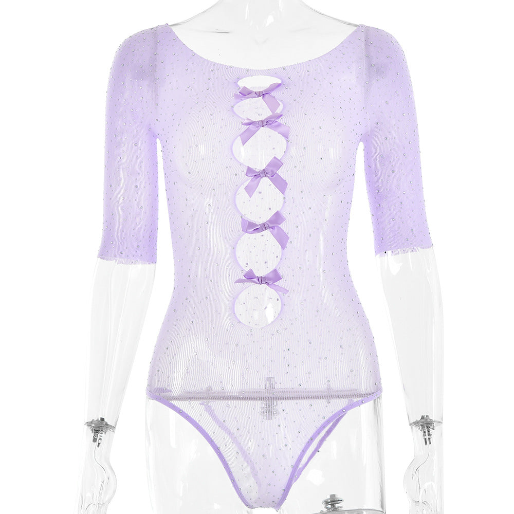 Knit Sheer Bow Cutout Hot Diamond Bodysuit