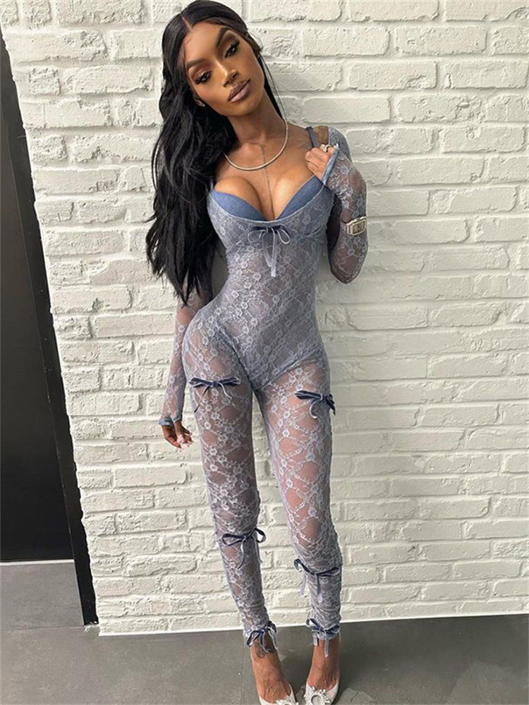 Lace Spliced BowsSee-Through Jumpsuit