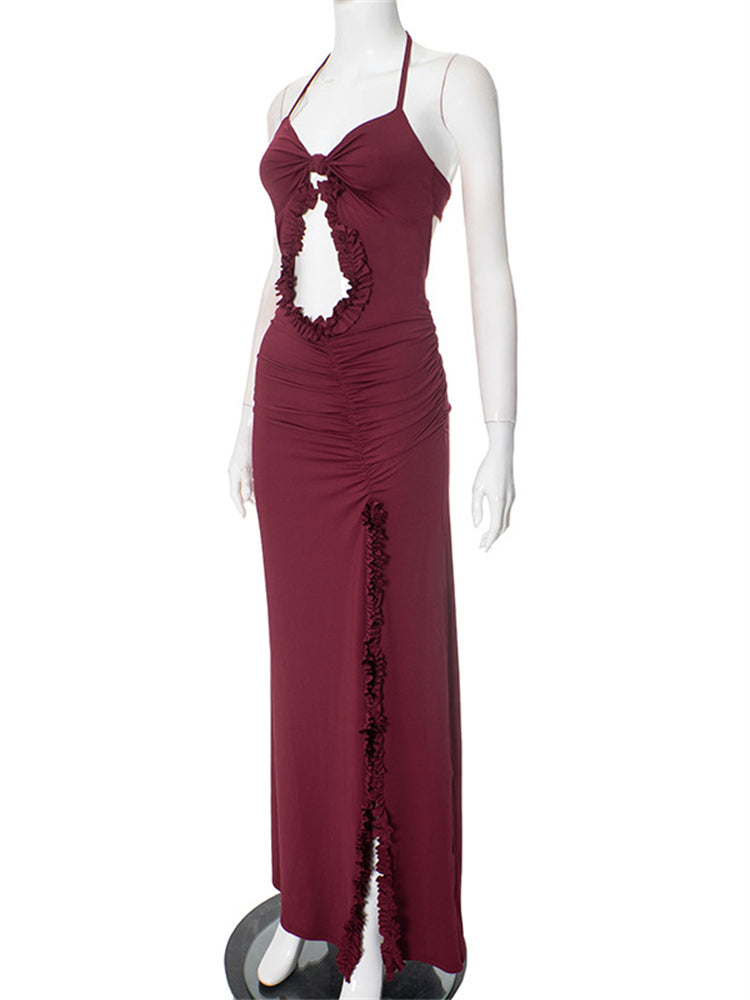 Ruffled Edge Twist Knot Cut-out Slip Maxi Dress