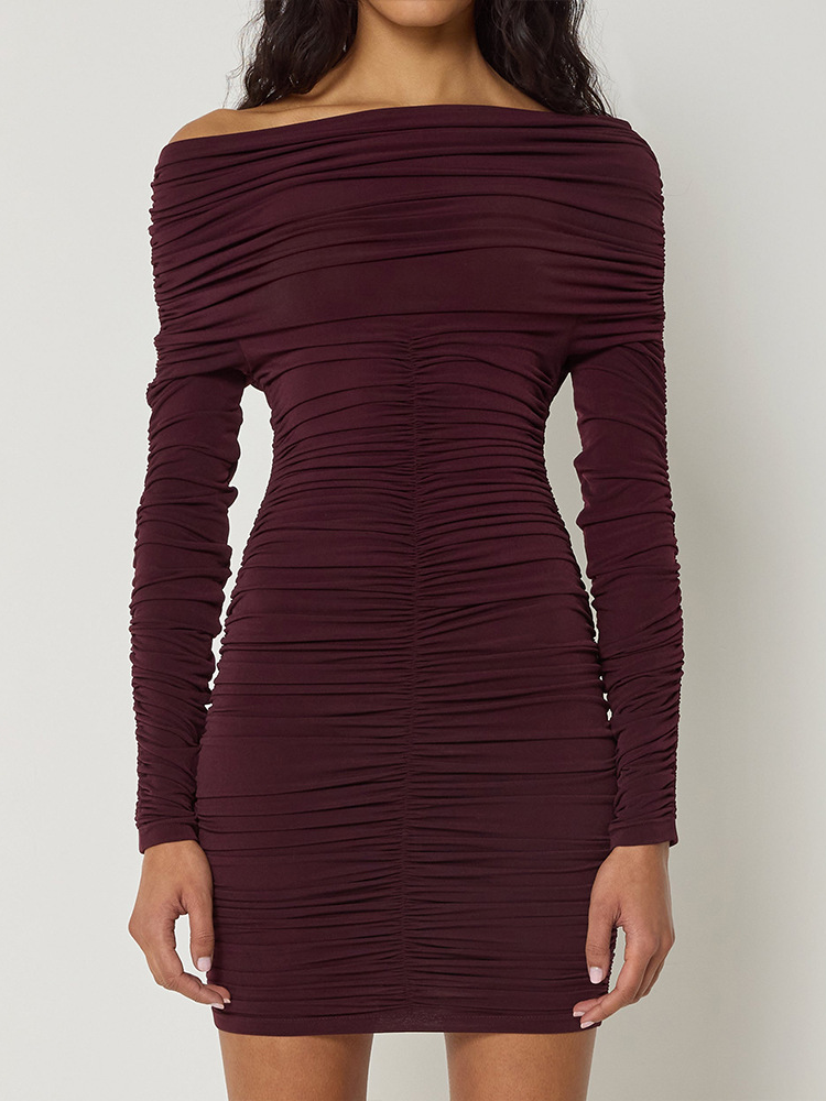 Oblique Long Sleeve Pleated Mini Dress