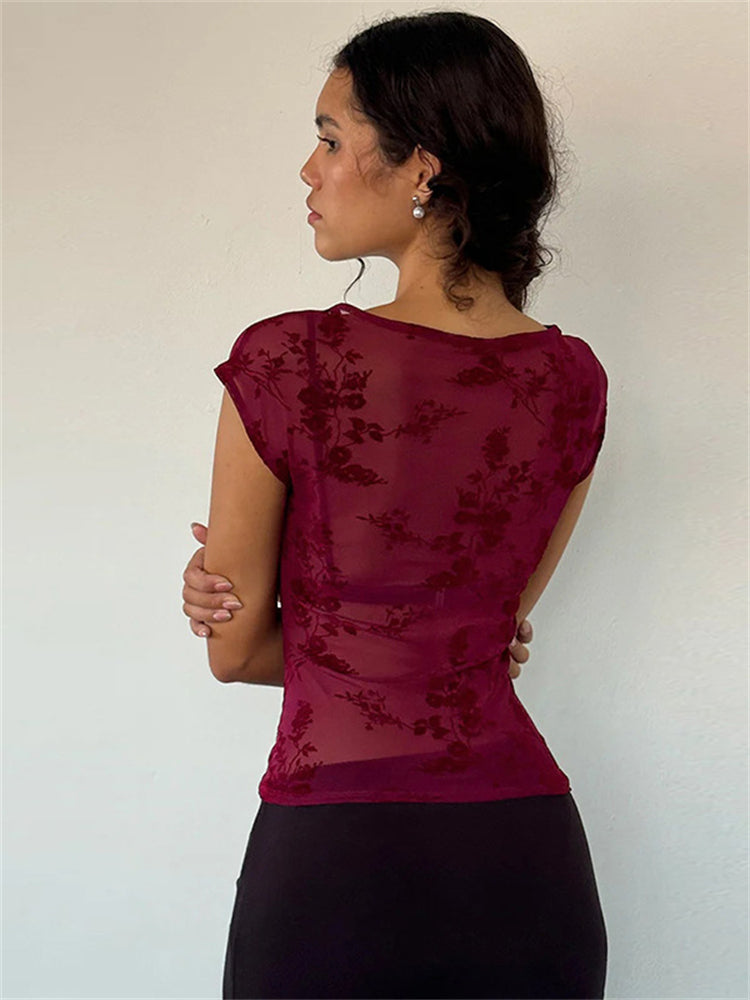 Velvet Mesh Sheer Short Sleeve T-Shirt