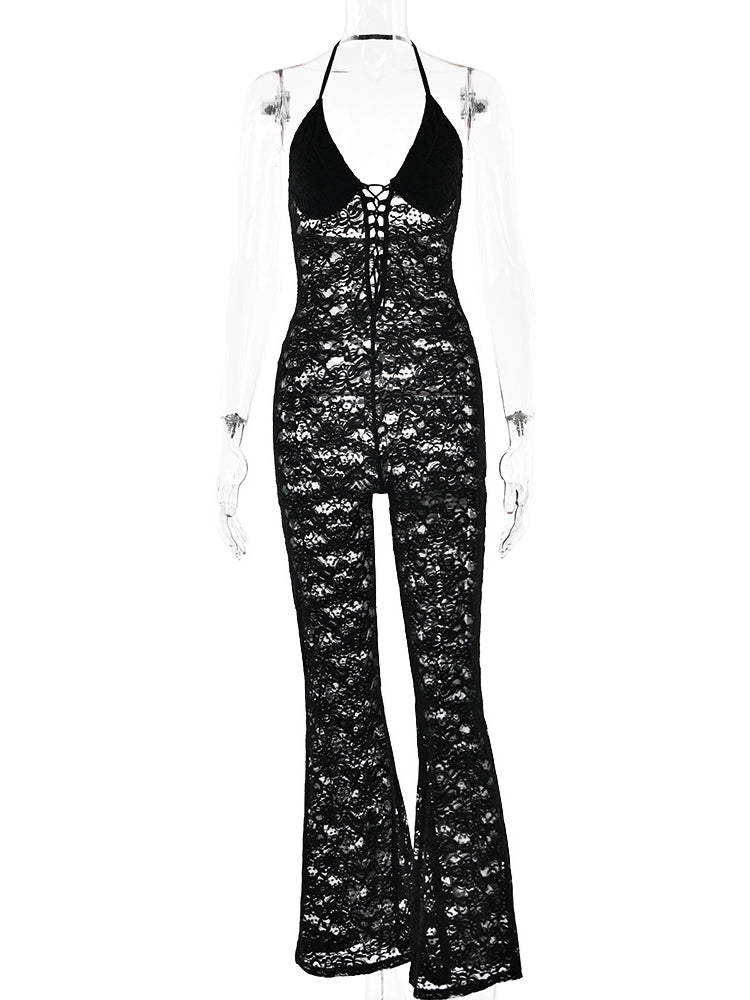 Lace Sheer One-Piece Flared Pants Jumpsuit