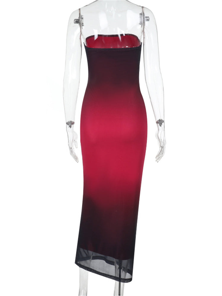 Gradient Mesh Strapless Bodycon Maxi Dress