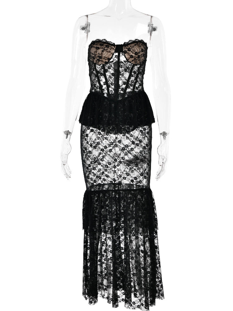 Lace Sheer Sheath Fishtail Maxi Dress