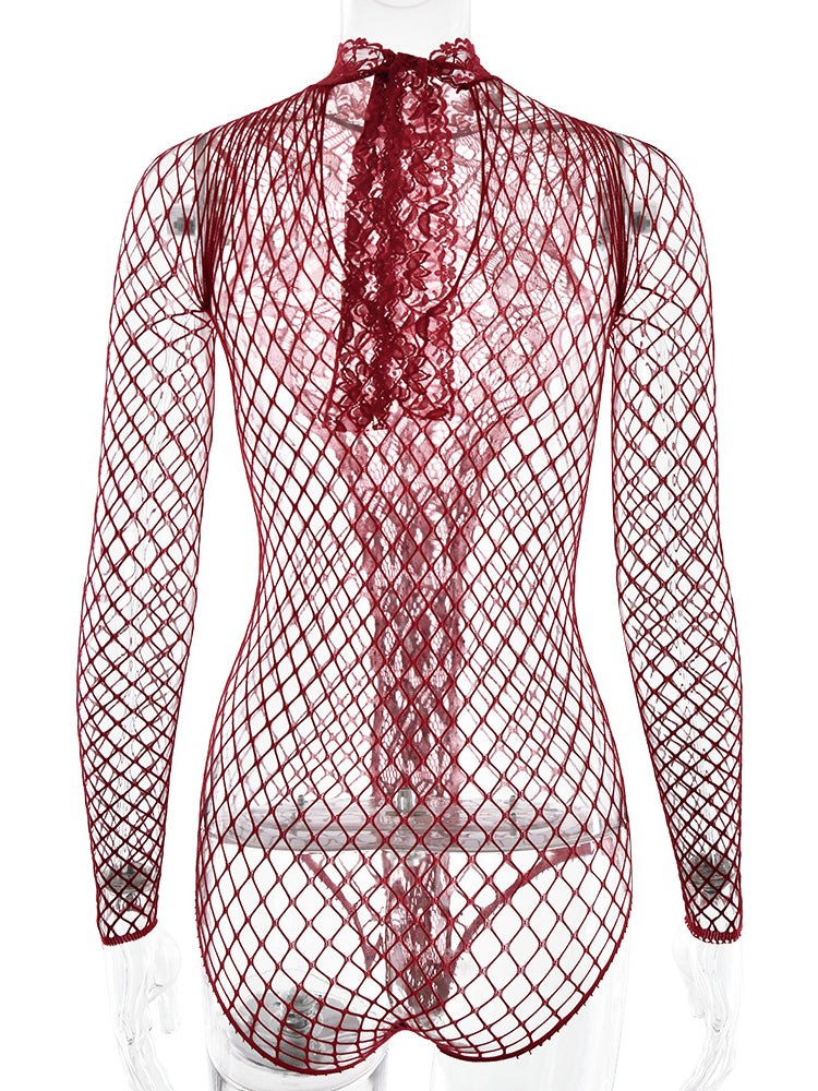 Hot Diamond Hollow Out One-Piece Mesh Bodysuit