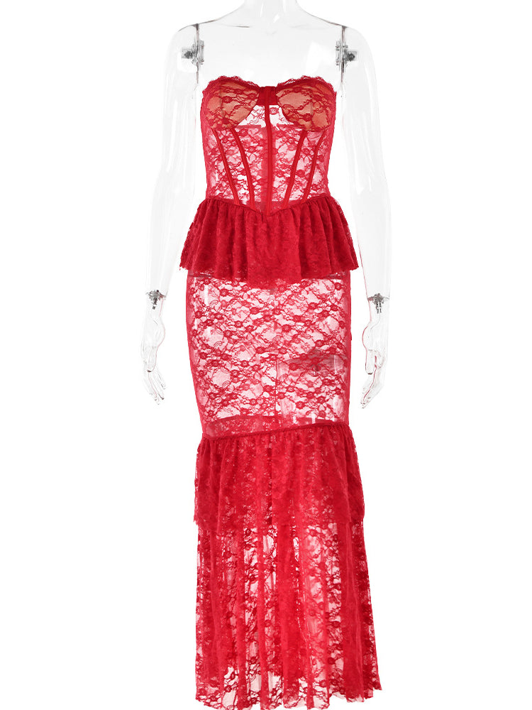 Lace Sheer Sheath Fishtail Maxi Dress