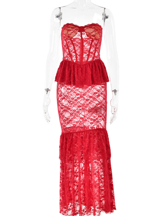 Lace Sheer Sheath Fishtail Maxi Dress