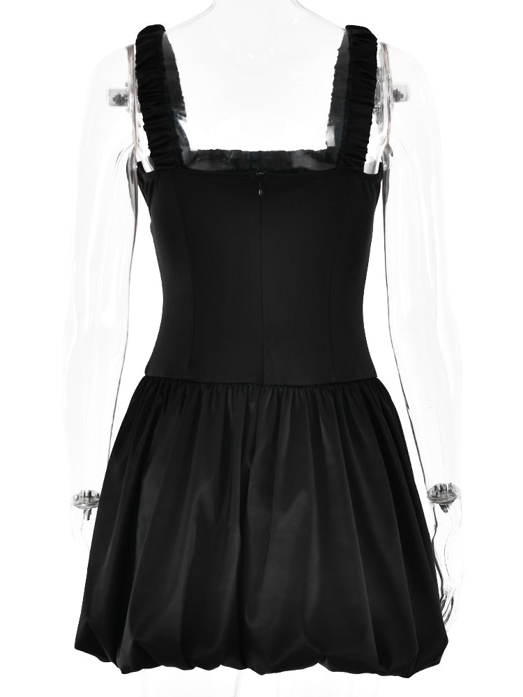 Pleated Backless Strap Puffy Mini Dress