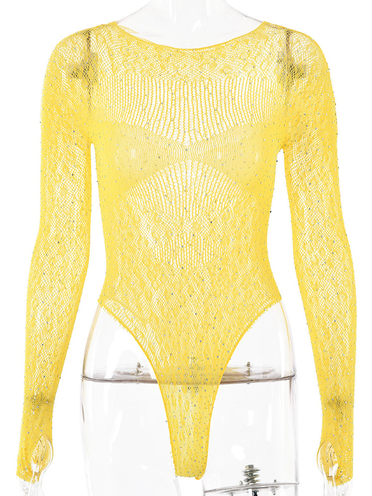 Knit Sheer Hollow Rhinestone Bodysuit