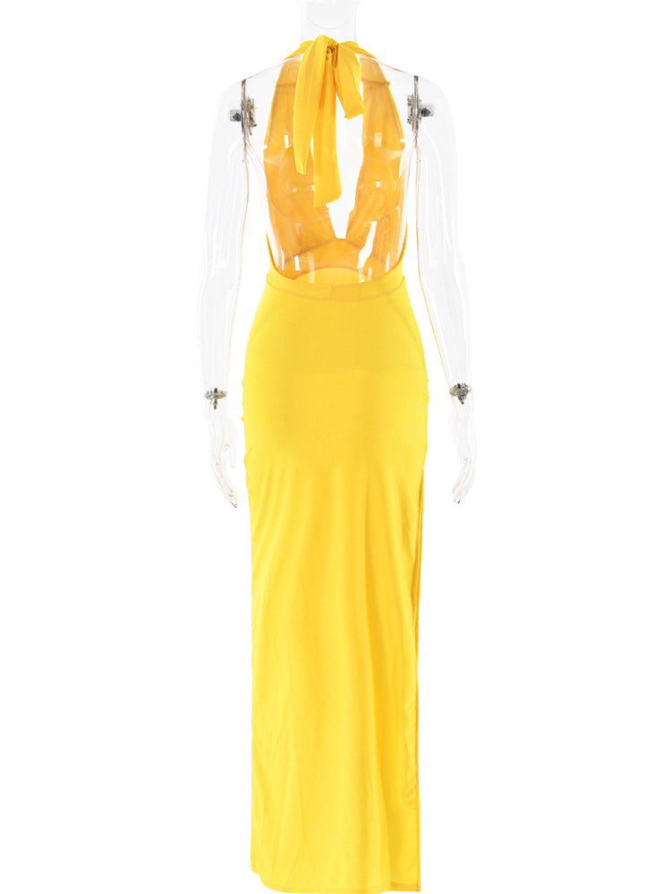 V-Neck Halter Backless Split Maxi Dress