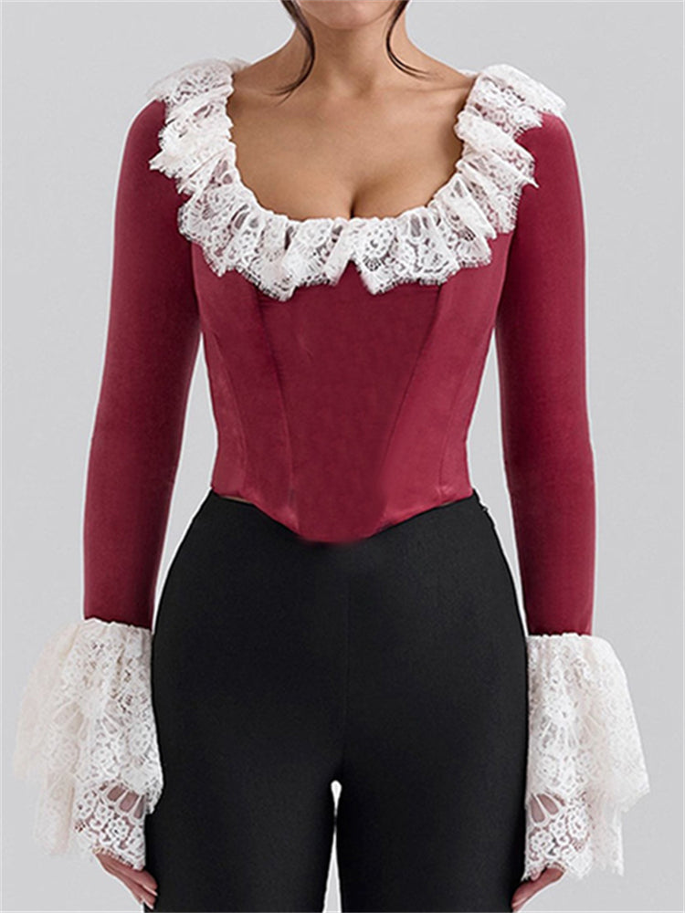 Spliced Lace Velvet Herringbone Top