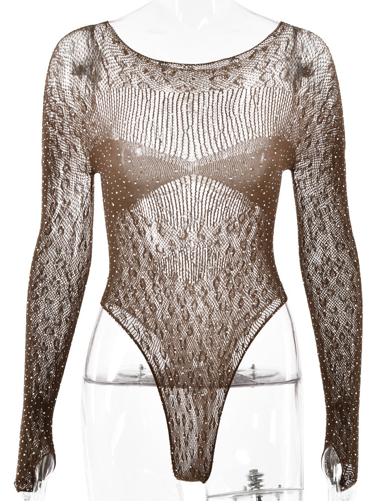 Knit Sheer Hollow Rhinestone Bodysuit