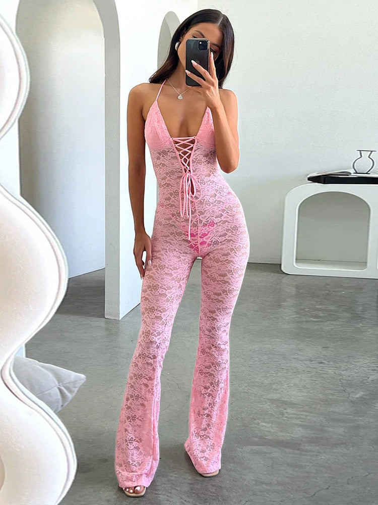 Lace Sheer One-Piece Flared Pants Jumpsuit