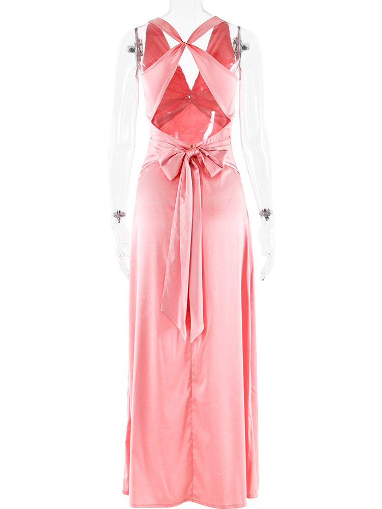 V-Neck Strappy Backless Satin Maxi Dress