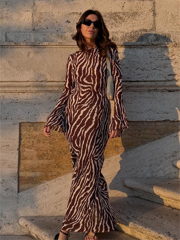 Printed Sheer Crew Neck Maxi Dress