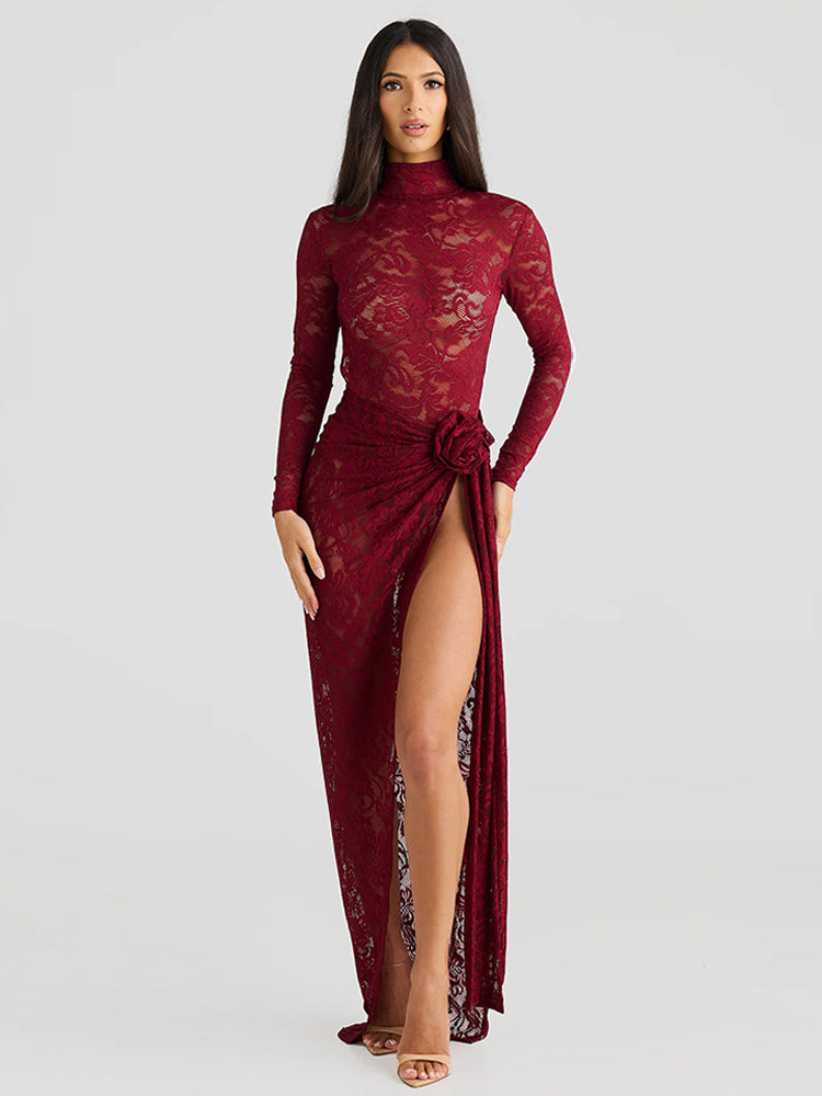 Sheer Backless Bodysuit Split Long Dress Set