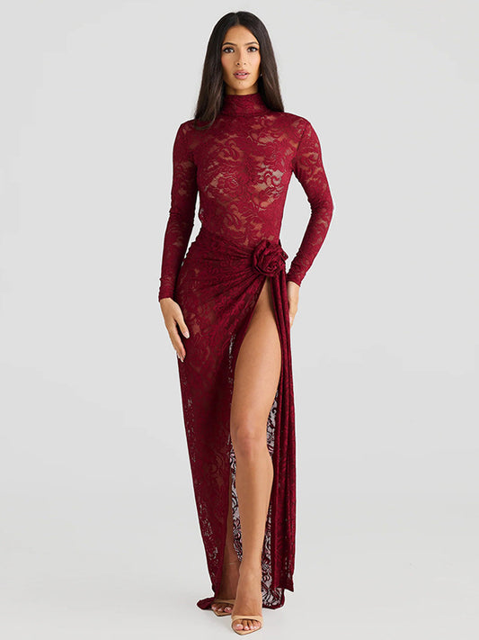 Sheer Backless Bodysuit Split Long Dress Set