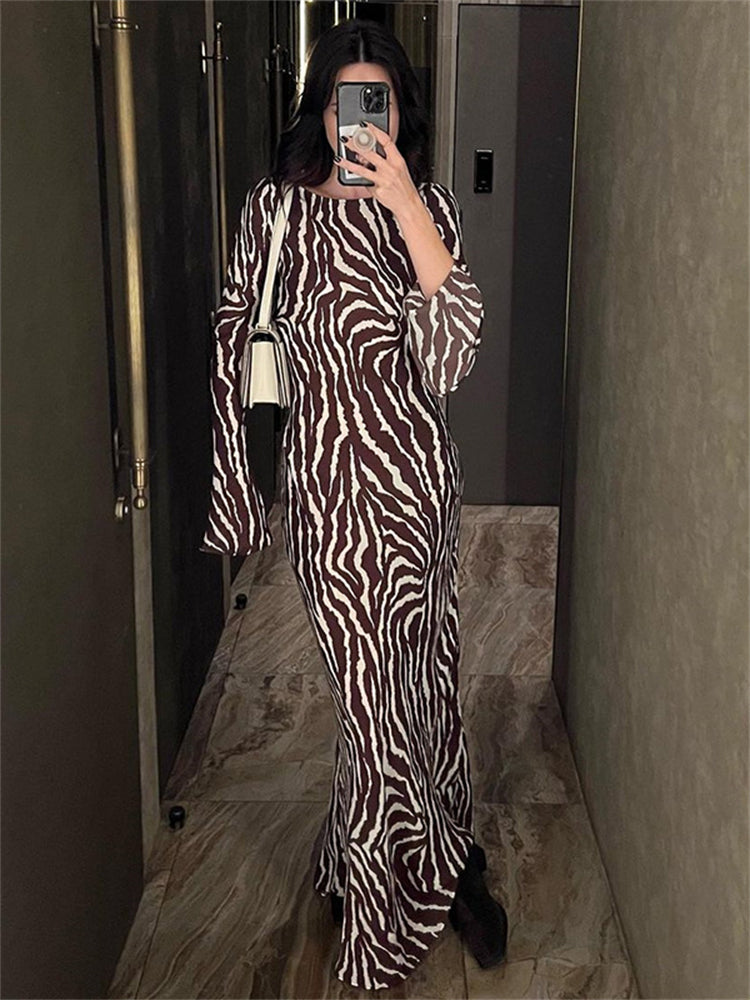 Printed Sheer Crew Neck Maxi Dress