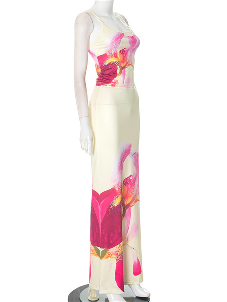 Floral Print Crop Tank Top Maxi Skirt Set