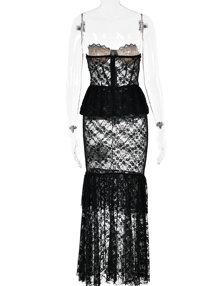 Lace Sheer Sheath Fishtail Maxi Dress